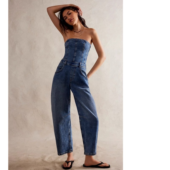 NEW FREE PEOPLE We The Free DENIM BLUE Je Suis Pret BARREL Pockets JUMPSUIT S - Picture 12 of 16